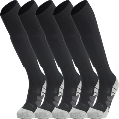 APTESOL Youth Soccer Socks Kids Knee High Team Sport Cushion Sock Women Men Long Tube Cotton Athletic Compression Socks (5-Pair Black-A,Medium)