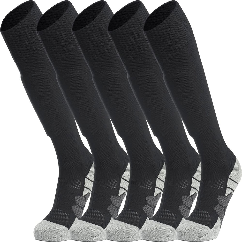 APTESOL Youth Soccer Socks Kids Knee High Team Sport Cushion Sock Women Men Long Tube Cotton Athletic Compression Socks (5-Pair Black-A,Medium)