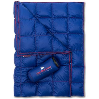 Get Out Gear Down Camping Blanket - Lightweight Warm and Packable | Ideal for Backpacking,Travel, Festivals, Beach, Hammock | 650 Fill Power Water-Resistant Backpacking Quilt (Blue/Red)