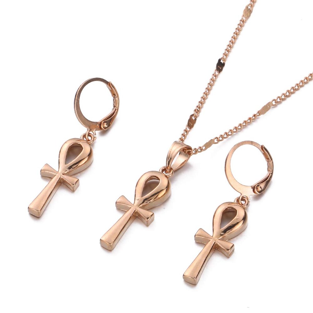 Egyptian Jewelry Men Women 18K Gold Plated Vintage The Key of The Nile Ankh Cross Pendant Necklace (Rose Gold Necklace Earring Set)