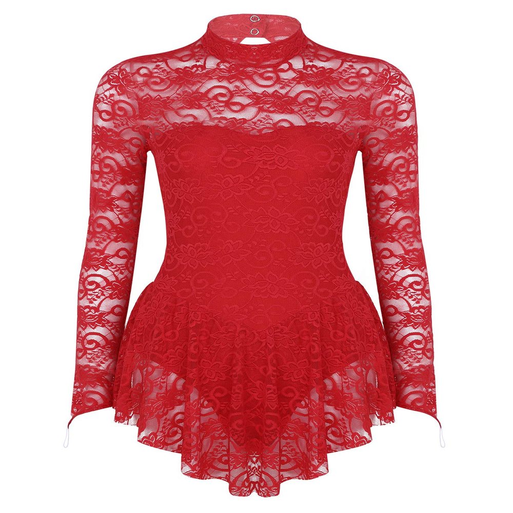 YiZYiF Women Girls Ice Skating Dress Figure Roller Skating Dance Costume Leotard Dress Red Large