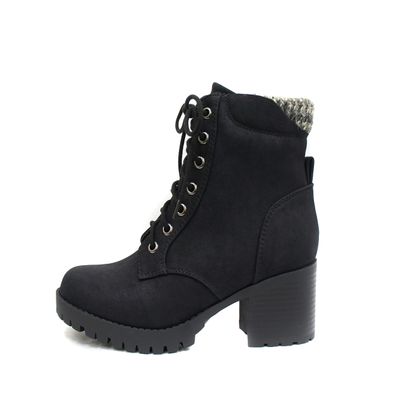 Soda Single Lug Sole Chunky Heel Combat Ankle Boot Lace up w/Side Zipper (Black (Nubuck), 8.5)