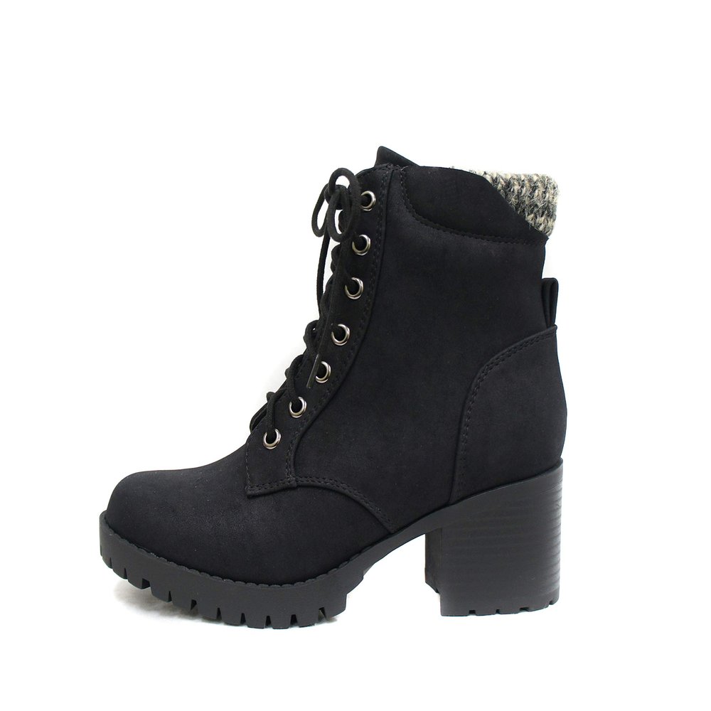 Soda Single Lug Sole Chunky Heel Combat Ankle Boot Lace up w/Side Zipper (Black (Nubuck), 8.5)