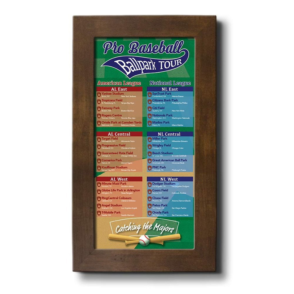 Push Pin Travel Maps Customizable Posters & Prints - Baseball Stadiums Bucket List - Rustic Brown - Personalized Framed Pin Map, Includes 150 Pins - Handcrafted in USA - 13" x 23.5"