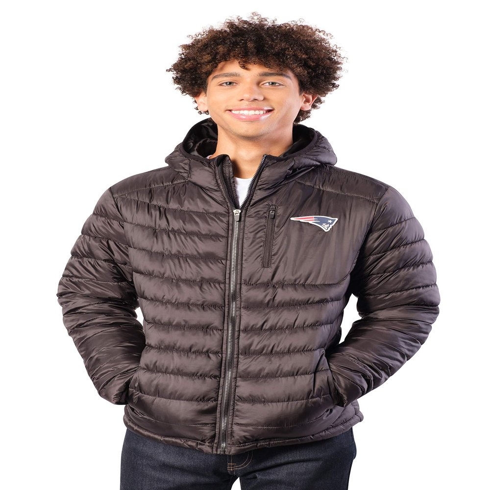 Ultra Game NFL New England Patriots Men's Full Zip Hooded Puffer Jacket with Team Logo, Black, S (JKM7621F)