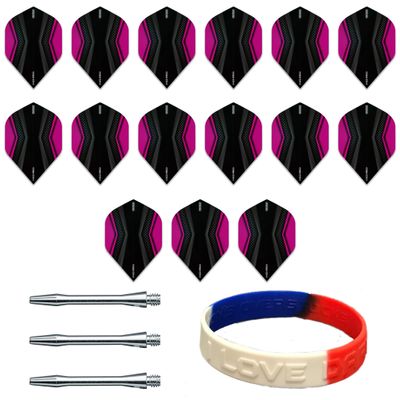 Pentathlon 5 Sets of 3 (15 Total Flights) HD150 Standard Dart Flights Extra Thick and Durable Plus 1 Set of 3 Short Silver Aluminum Dart shafts & Bracelet (Magenta)