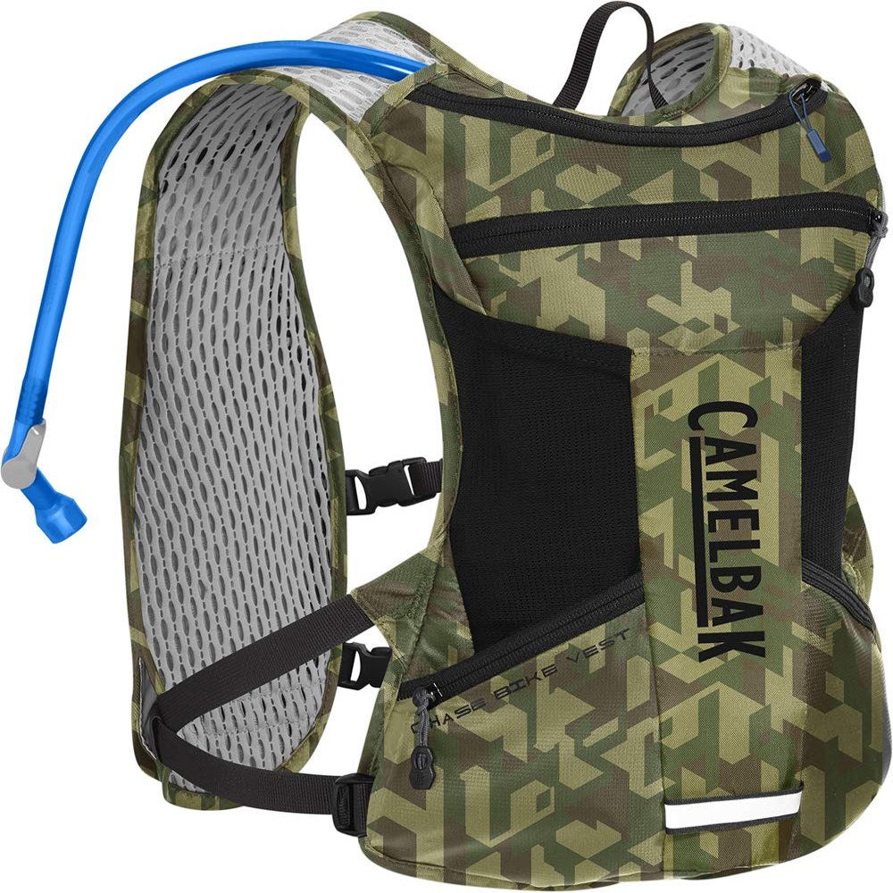 Chase Bike Vest - Faster Water Flow Rate - Front Harness Pockets - 3D Vent Mesh - Dual Adjustable Sternum Straps - 50 oz, Camelflage