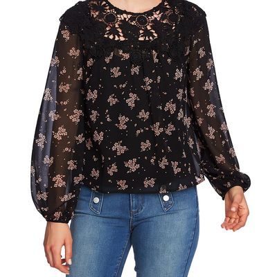 1.STATE Womens Crochet Trim Pullover Blouse, Black, Small