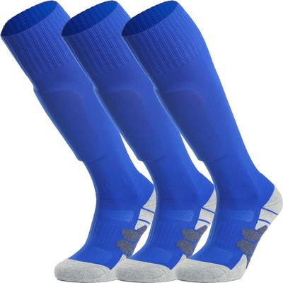 APTESOL Youth Soccer Socks Boys Girls Women Knee High Team Sport Cushion Sock Kids Long Tube Cotton Athletic Compression Socks (3-Pair Blue-A,Small)