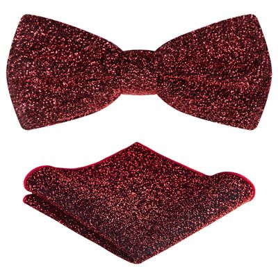 TIE G Men's Glitter Velvet Bow Tie + Pocket Square Set in Gift Box for Wedding, Party : Glittering Effects, Unisex Design (Twinkling Wine)