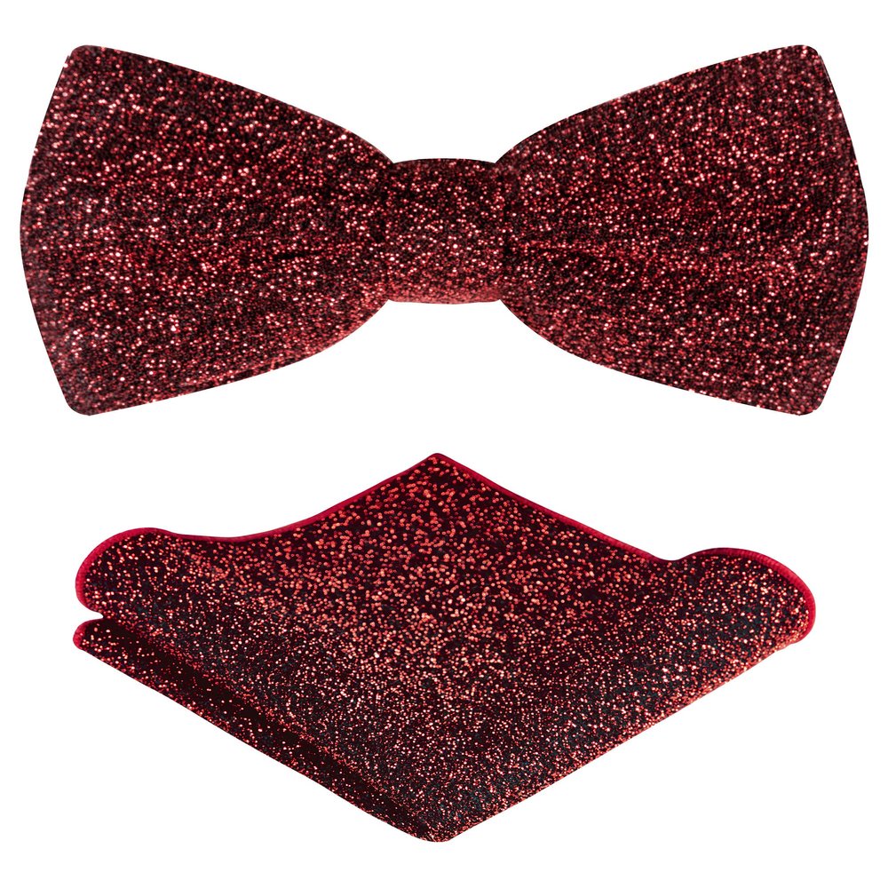 TIE G Men's Glitter Velvet Bow Tie + Pocket Square Set in Gift Box for Wedding, Party : Glittering Effects, Unisex Design (Twinkling Wine)