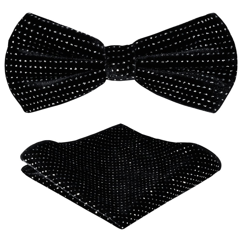 TIE G Men's Glitter Velvet Bow Tie + Pocket Square Set in Gift Box for Wedding, Party : Glittering Effects, Unisex Design (Galaxy Silver)