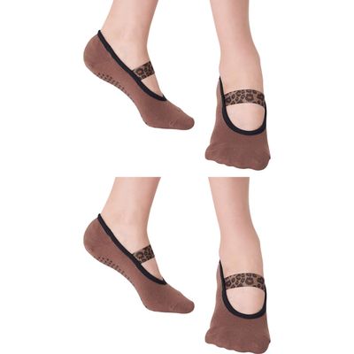 Aprilaugust Yoga Socks with Non Slip Grips & Leopard Strap, Perfect for Pilates, Barre, Ballet, Barefoot training (E_Brown 2pairs, Small)