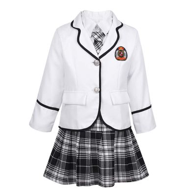 JEATHA Kids Girls Long Sleeves British Style School Uniforms Anime Cosplay Shirt Blazer with Tie Plaid Mini Skirt Set White 5-6