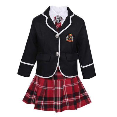 JEATHA Kids Girls Long Sleeves British Style School Uniforms Anime Cosplay Shirt Blazer with Tie Plaid Mini Skirt Set Black 7-8