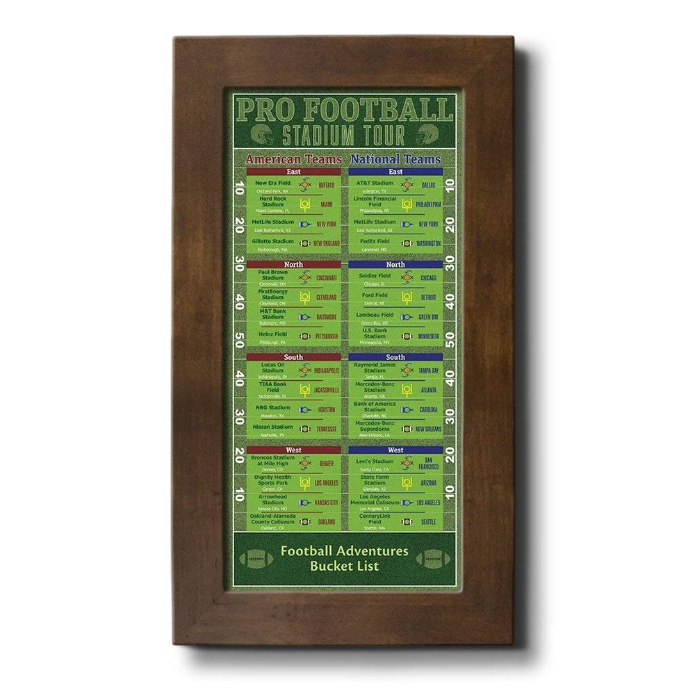 Football Stadiums Bucket List Tracker - Rustic Brown Frame - 13.5 inches x 23.5 inches - Pin Your Football Stadium Visits - Canvas Wall Art