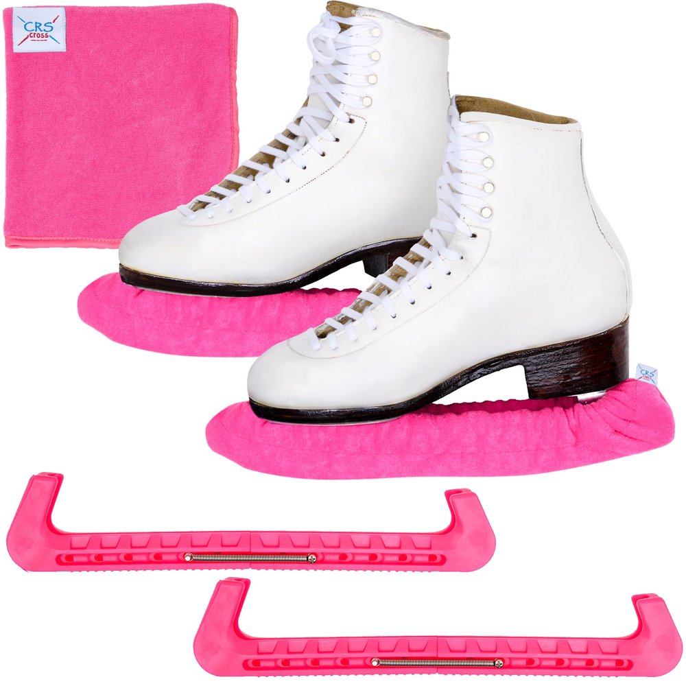 CRS Cross Ice Skate Guards, Soakers and Towel Gift Set. Essential Ice Skating Hard Guard and Soft Skate Blade Cover Accessories for Figure Skating or Hockey (Power Pink, Small)