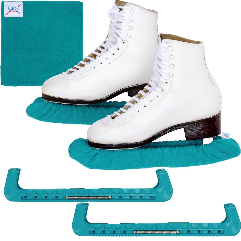 CRS Cross Ice Skate Guards, Soakers and Towel Gift Set. Essential Ice Skating Hard Guard and Soft Skate Blade Cover Accessories for Figure Skating or Hockey (Triple Teal, Medium)