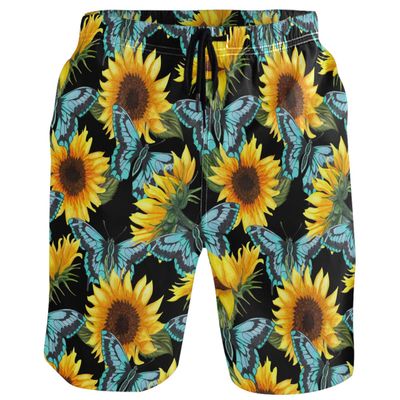 visesunny Abstract Sunflower with Blue Butterfly Print Men's Beach Shorts Summer Swim Trunks Sports Bathing Suits Mesh Lining