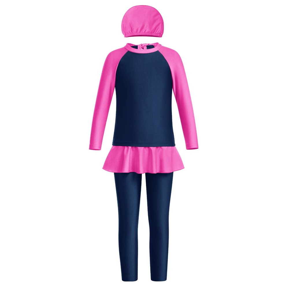 Muslim Swimsuit Girls 3-Piece Full Cover Hijab Burkini Islamic Arabic Modest Swimwear Sunsuit Beachwear Top Pants Cap Costume Black+Red 7-8 Years