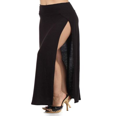 (Size L) Both Front Side Slit Rayon Skirts Black