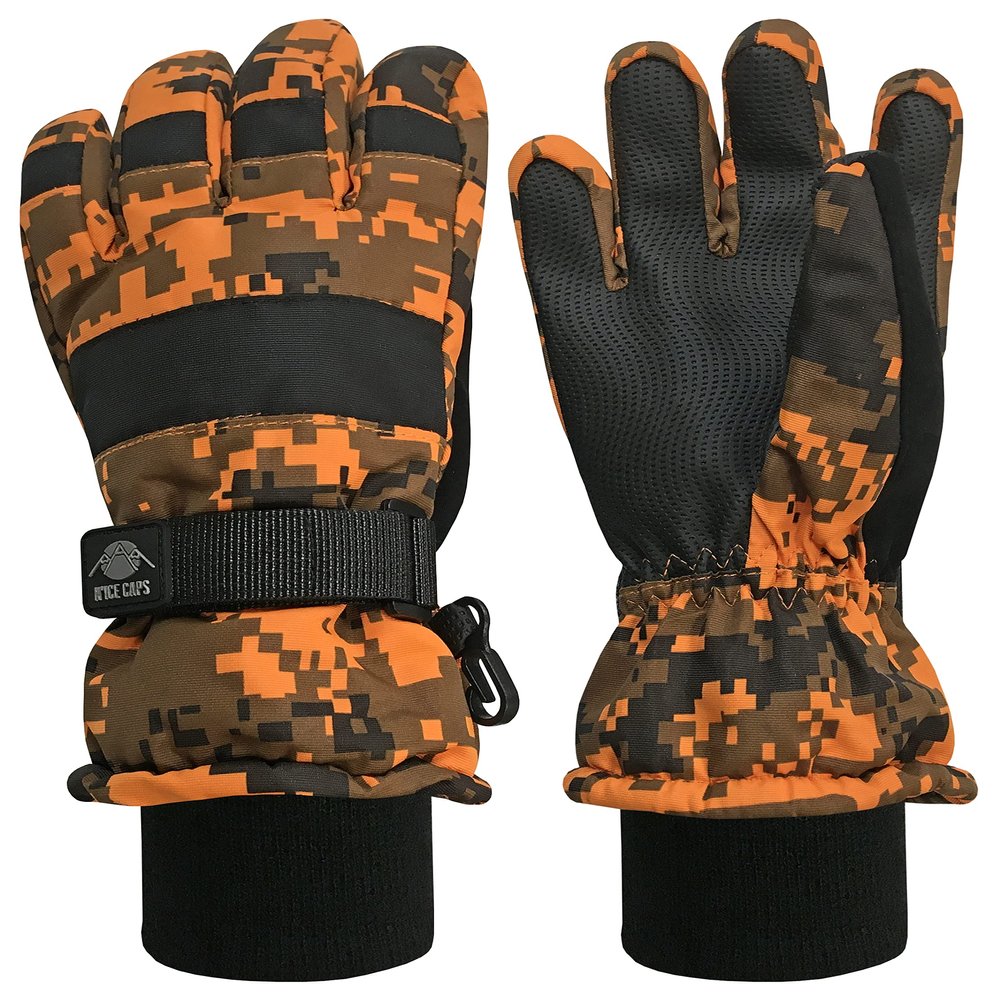 N'Ice Caps Kids Waterproof Winter Thinsulate Warm Gloves (Neon Orange Digital Camo, 5-6 Years)
