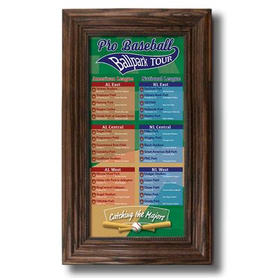 Push Pin Travel Maps Customizable Posters & Prints - Baseball Stadiums Bucket List - Solid Wood Brown - Personalized Framed Pin Map, Includes 150 Pins - Handcrafted in USA - 13" x 23.5"