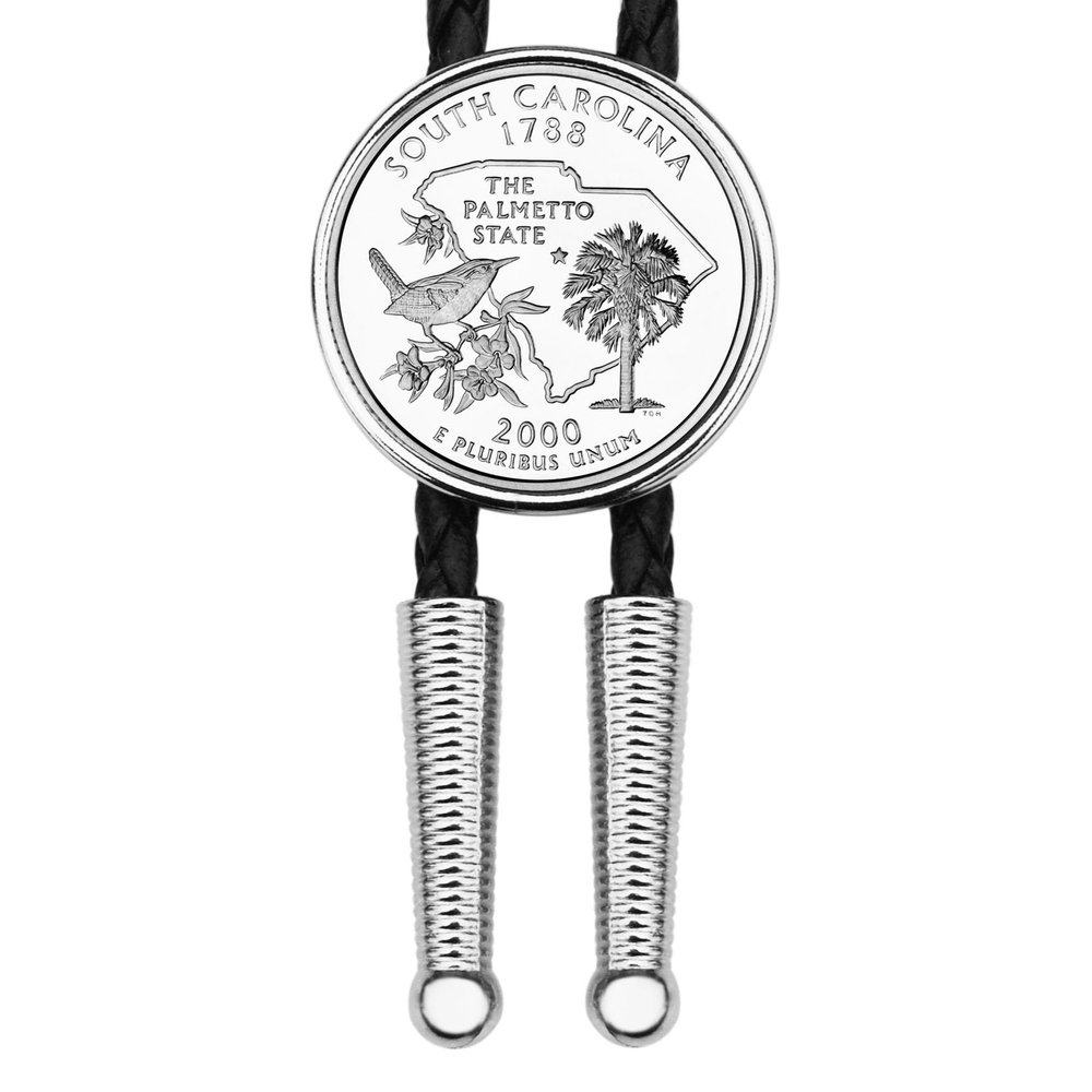 US 2000 South Carolina State Quarter BU Uncirculated Coin Simple Silver Slide Bolo Tie NEW - 36" Black Leatherette Cord