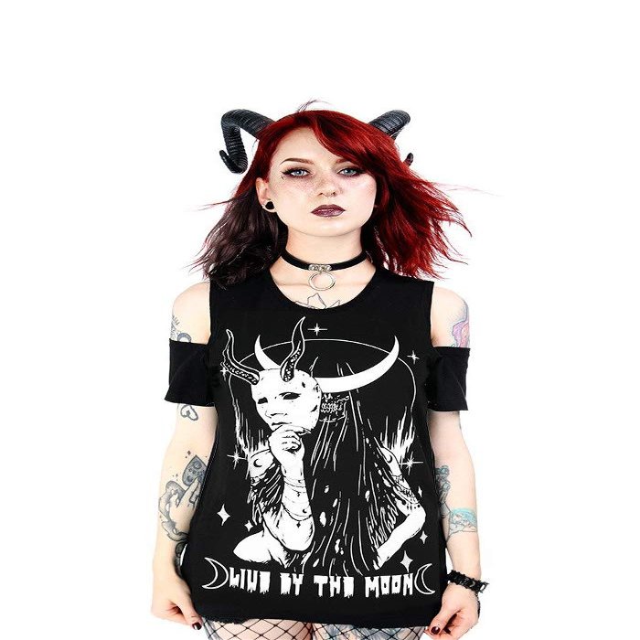 Restyle Live by The Moon Women's Gothic Fashion Black Cotton Cold Shoulder Top - XL