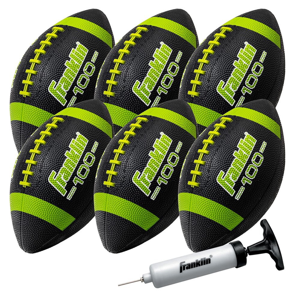 Franklin Sports Junior Footballs - Grip-Rite 100 - Kids Junior Size Rubber Footballs - Youth Balls - 6 Pack of Balls with Pump - Black/Optic