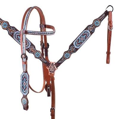 Showman Leather Headstall & Breast Collar Set w/Light Blue & Burgundy Beaded Design