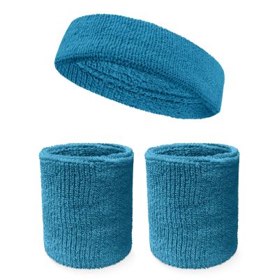 Couver Unisex Cotton Solid/Plain Sweatband Set(Headband x 1+ 4" Wristband x 2) for Sports - Bright Blue