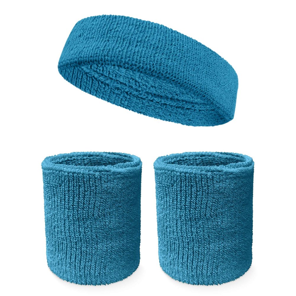 Couver Unisex Cotton Solid/Plain Sweatband Set(Headband x 1+ 4" Wristband x 2) for Sports - Bright Blue
