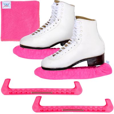 CRS Cross Ice Skate Guards, Soakers and Towel Gift Set. Essential Ice Skating Hard Guard and Soft Skate Blade Cover Accessories for Figure Skating or Hockey (Power Pink, Large)