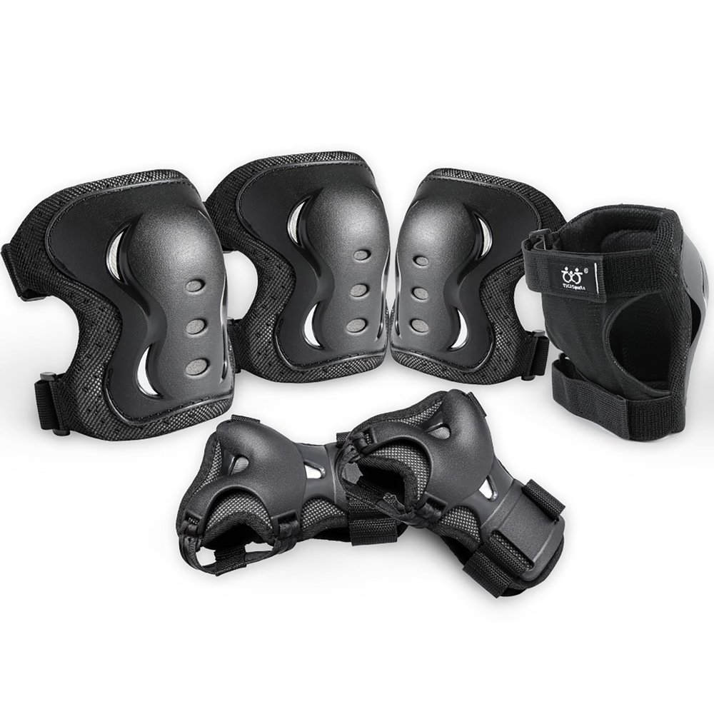 Kids/Adult/Youth Knee and Elbow Pads with Wrist Guards 3 in 1 Protective Gear Set for Skateboarding Cycling BMX Bike Scooter Skating Rollerblading Riding (Black, Large (14 Years - Adult))