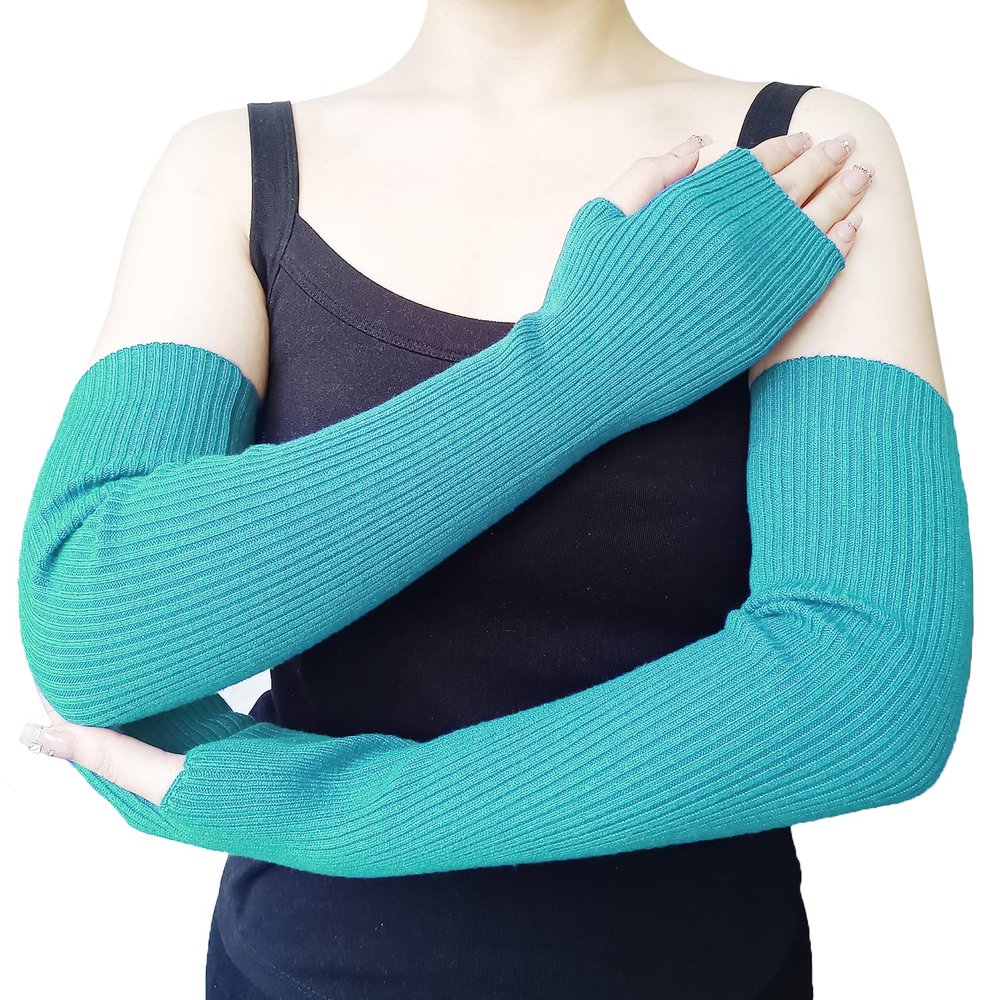 Share Maison Women's Arm Warmers with Thumb Hole Winter Fingerless Stretchy Cashmere Wool Long Gloves Sleeves (10-lake blue)