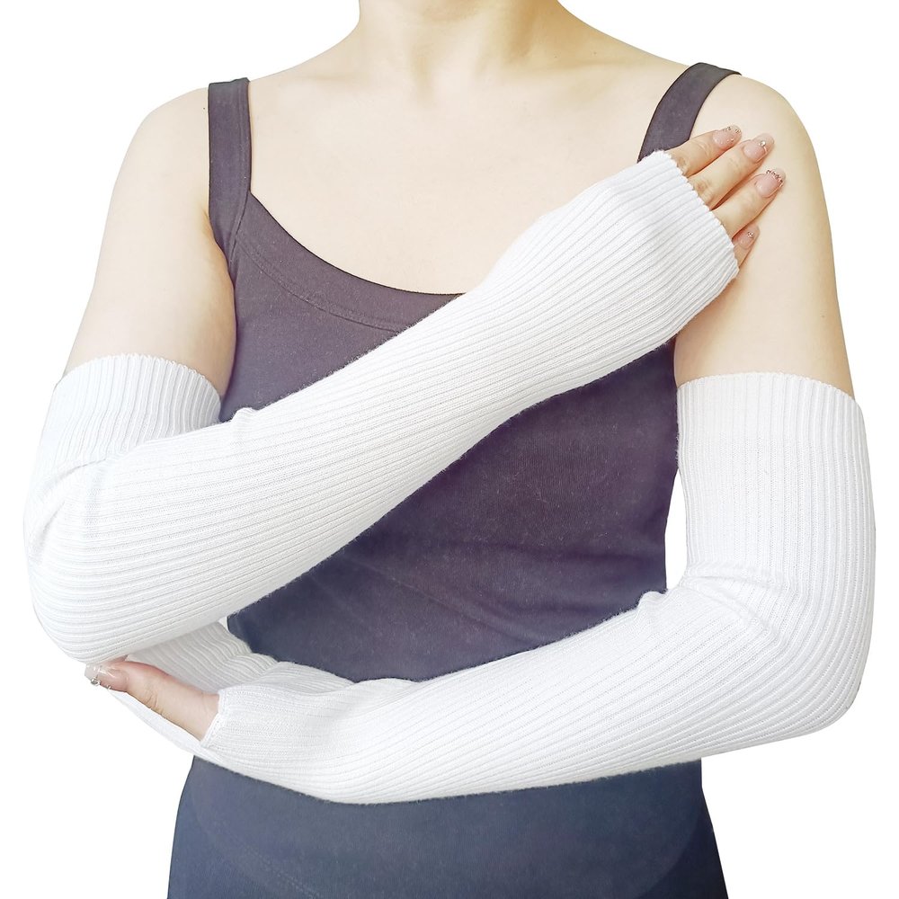 Share Maison Women's Arm Warmers with Thumb Hole Winter Fingerless Stretchy Cashmere Wool Long Gloves Sleeves (3-white)