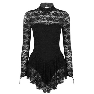 Agoky Women's Figure Ice Skating Costumes Long Sleeve Gymnastics Leotard Ballet Dance Dresses Black X-Large