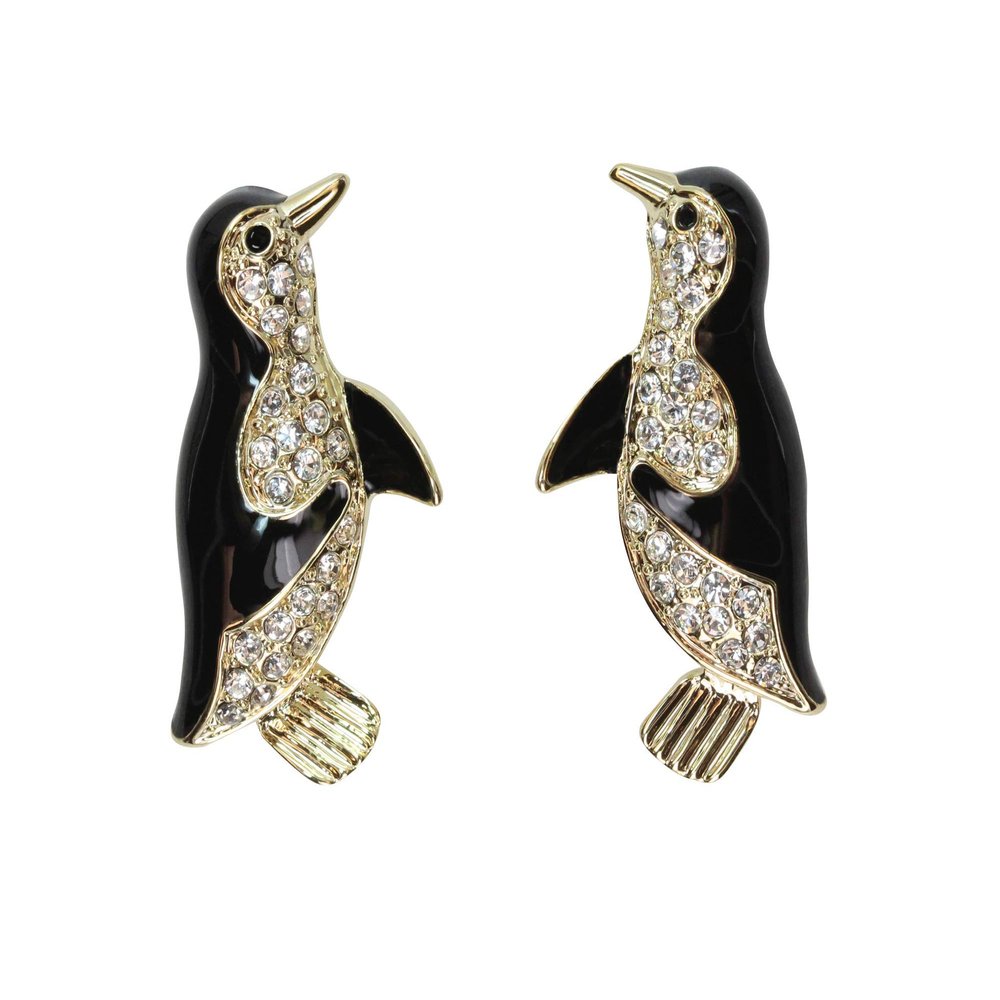 Faship Clear Premium Rhinestone Crystal Gold Plated Penguin Pierced Earrings - Clear/Gold Plated