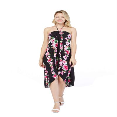 Women's Hawaiian Luau Halter Floral Print Halter Dress M Pink Black Hibiscus Vine