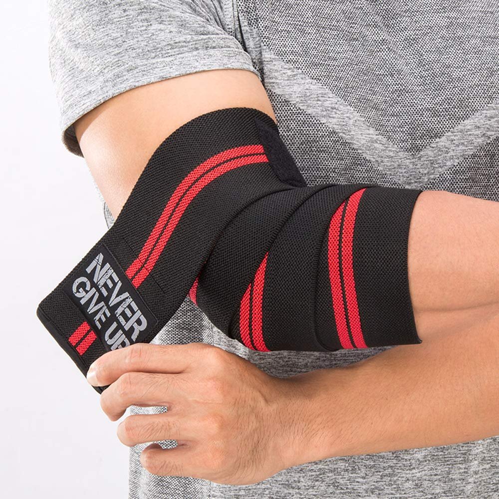 YOUFINE Professional Elastic Elbow Wraps Straps Elbow Support Compression Protection Brace for Bodybuilding Workout Powerlifting Men Gym (Double Stripe, Red)