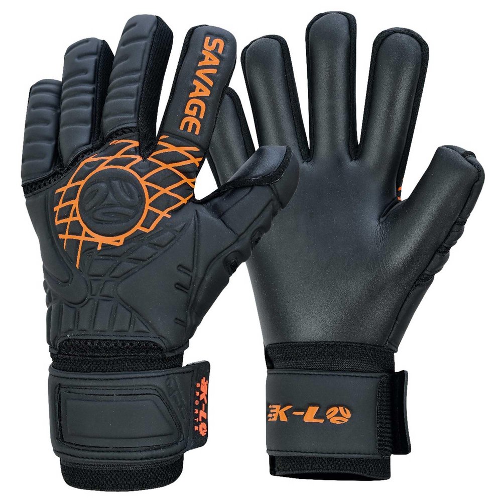 K-LO Goalkeeper Gloves: Savage Blackout Soccer Goalie Gloves - Black/Orange Size 7 (Unisex, Youth, Kids & Adult) - Fingersaves for Protection | Strong Grip Palm