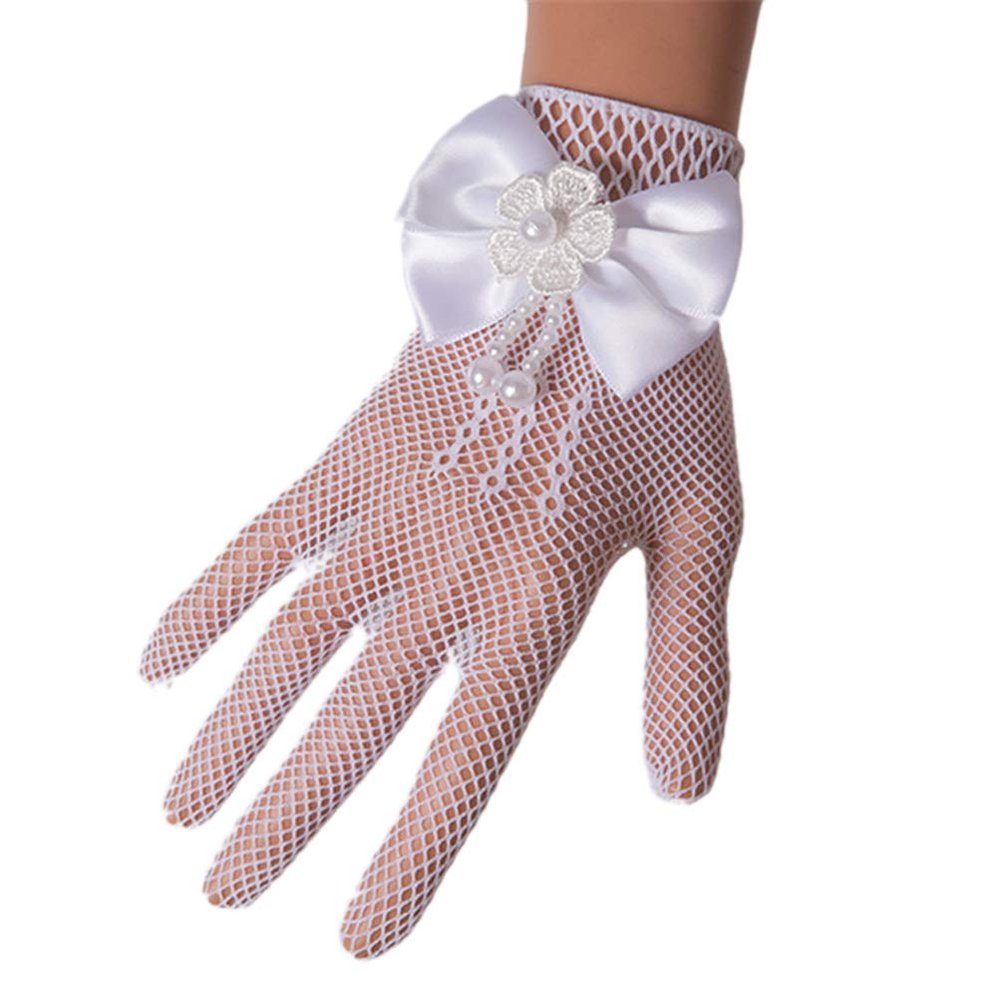 LeJulyeekay Girls Gloves Short Communion Gloves with Pearls for Wedding Dress Finger Gloves