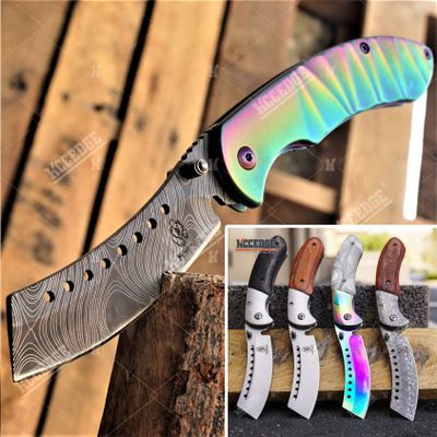 KCCEDGE BEST CUTLERY SOURCE EDC Pocket Knife Camping Accessories Folding Knife for Camping Gear Survival Kit Full Edge with Razor Sharp Edge 58731 (Iridescent Damascus)