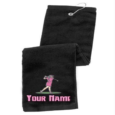Printualist Personalized Golf Towel - Custom Embroidered Design & Name - Women Design - 16" x 26", Black, Absorbent Cotton Terry Velour Fabric