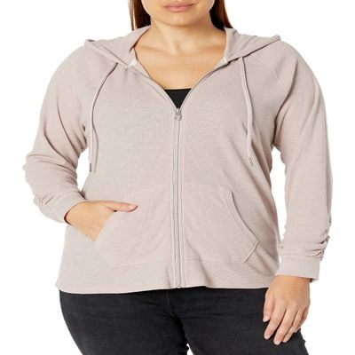 Calvin Klein Womens Premium Performance Ruched Long Sleeve Zip Up Hoodie (Standard and Plus), Evening Sand, 1X