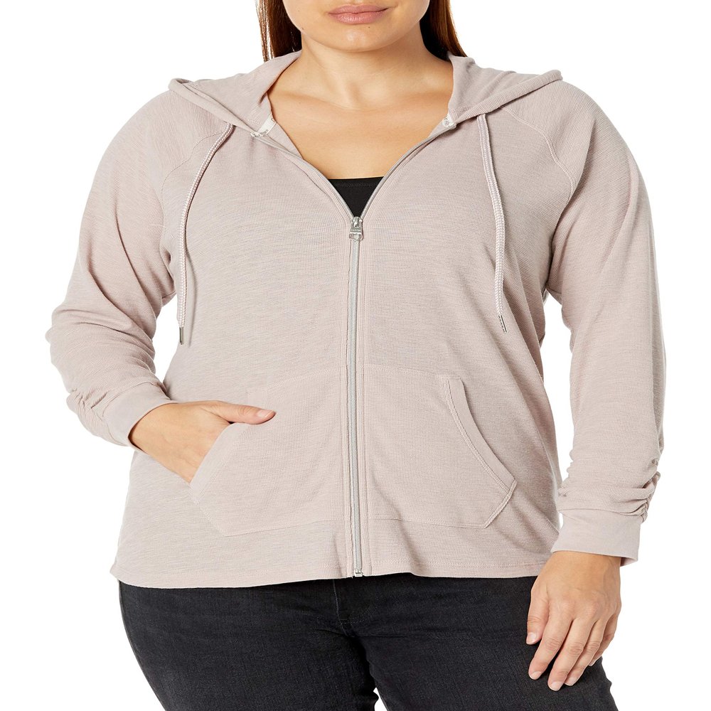Calvin Klein Womens Premium Performance Ruched Long Sleeve Zip Up Hoodie (Standard and Plus), Evening Sand, 1X