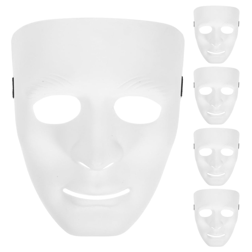 Amosfun 5pcs DIY Full Face Mask Plastic Blank Costume Cosplay Mask for Halloween Carnival Masquerade Dance Party (White)