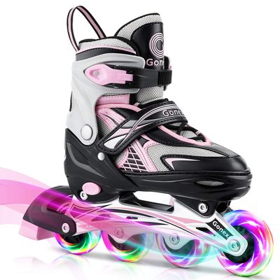 Gonex Inline Skates for Girls Boys Kids, Adjustable Skates Outdoor Blades Inline Roller Skates for Children Teens Women with Light Up Wheels for Indoor Outdoor Backyard Skating, Pink S