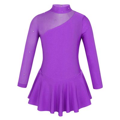 JEATHA Kids Girls Rhinestone Mesh Splice Figure Ice Skating Ballet Dance Gymnastics Leotard Dress Dancewear Purple 8